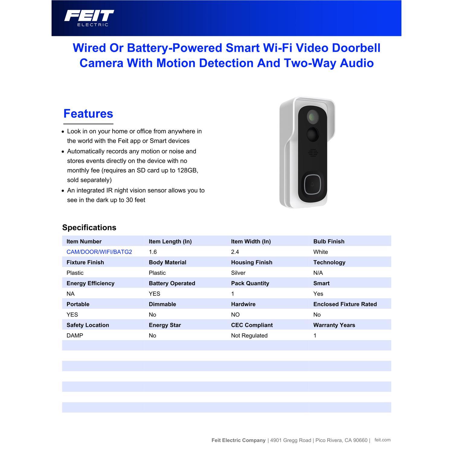 Feit Smart Home White Metal/Plastic Wireless Smart-Enabled Video Doorbell