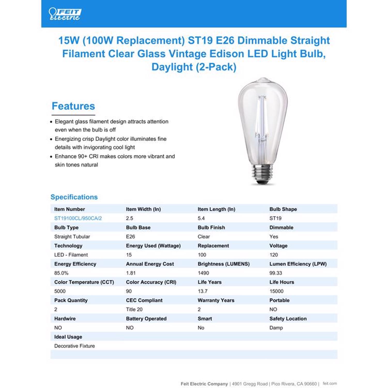 Feit ST19 E26 (Medium) Filament LED Bulb Daylight 100 Watt Equivalence 2 pk