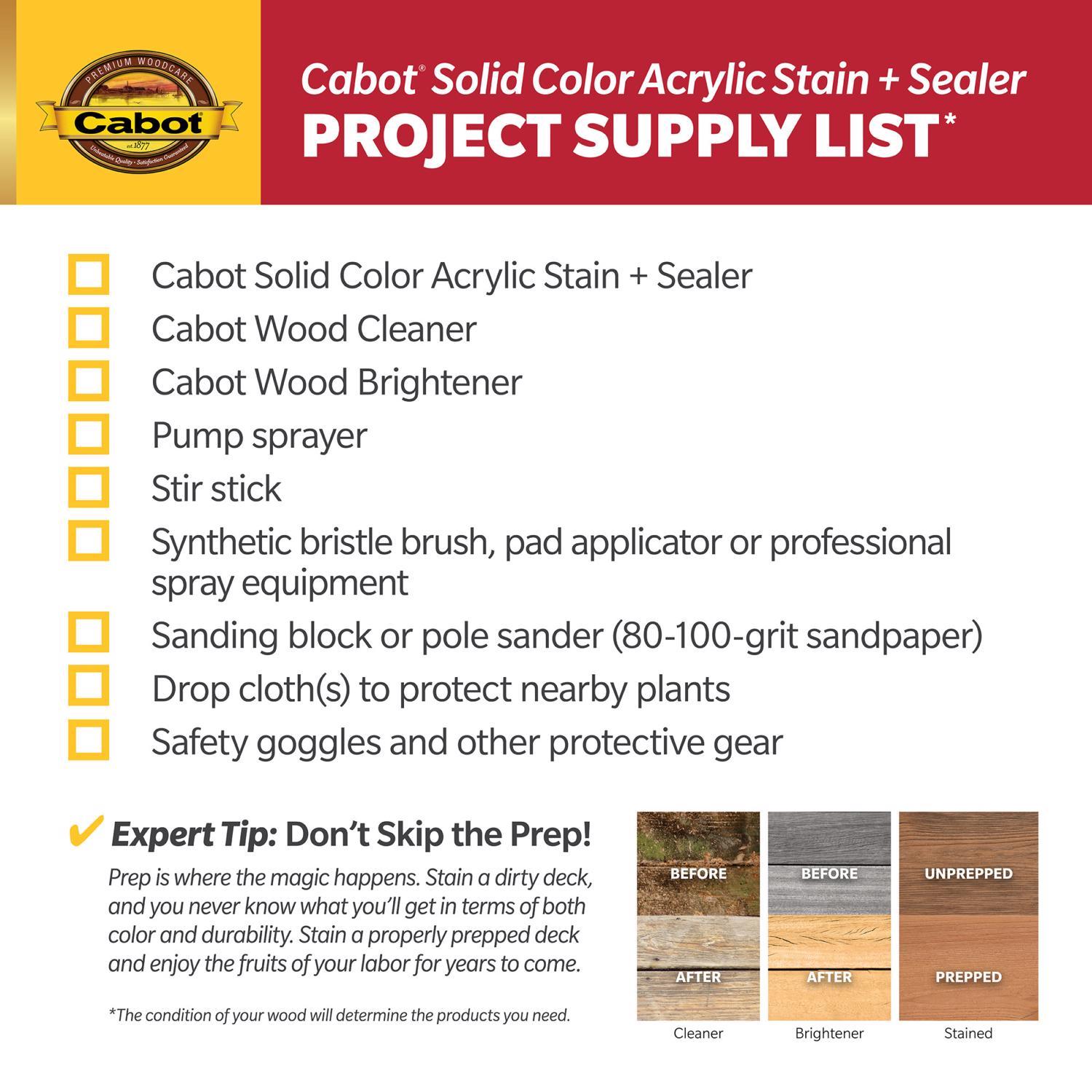 Cabot Solid Color Acrylic Stain & Sealer Solid Tintable Neutral Base Water-Based Acrylic Deck Stain