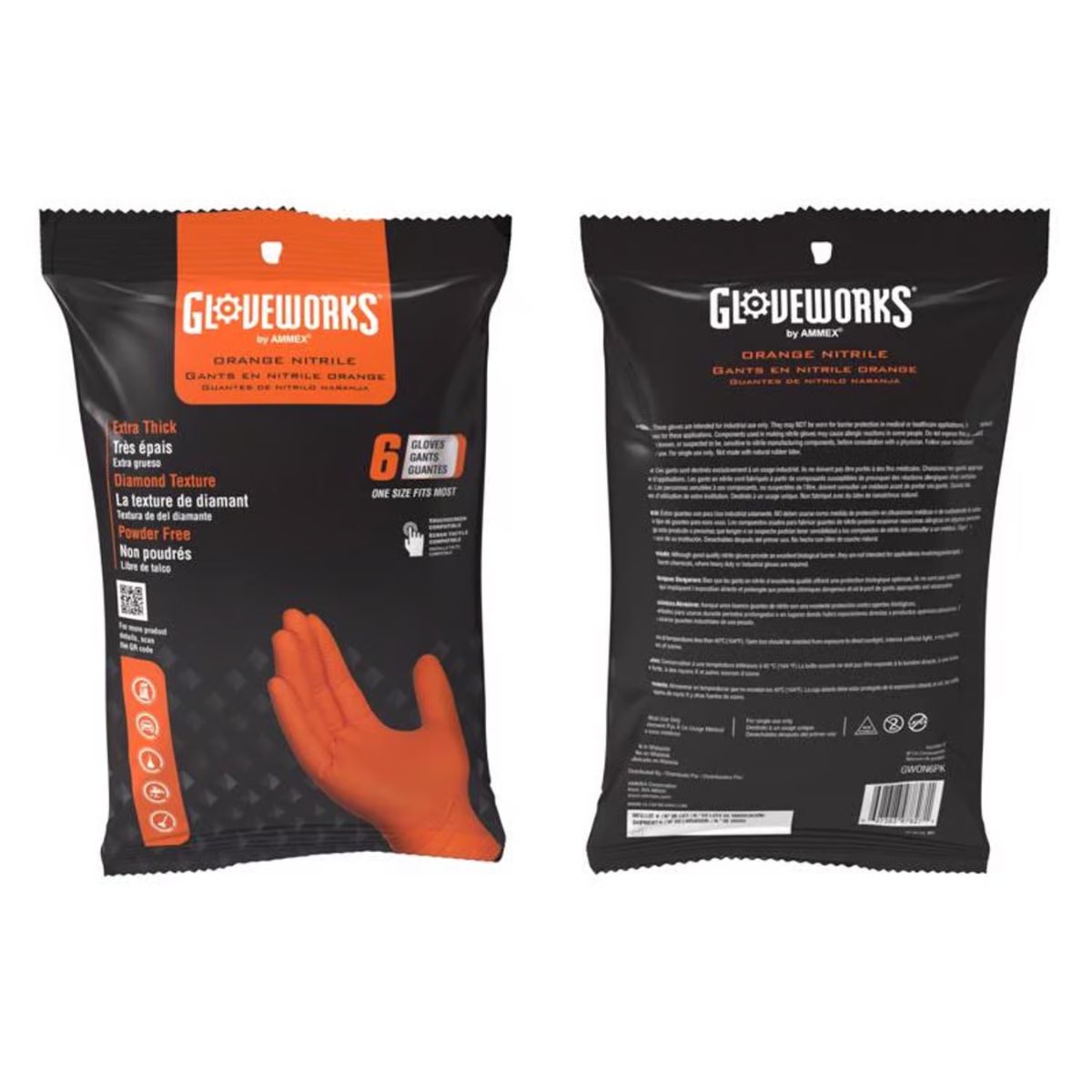 Gloveworks Nitrile Disposable Gloves One Size Fits Most Orange Powder Free 6 Pieces