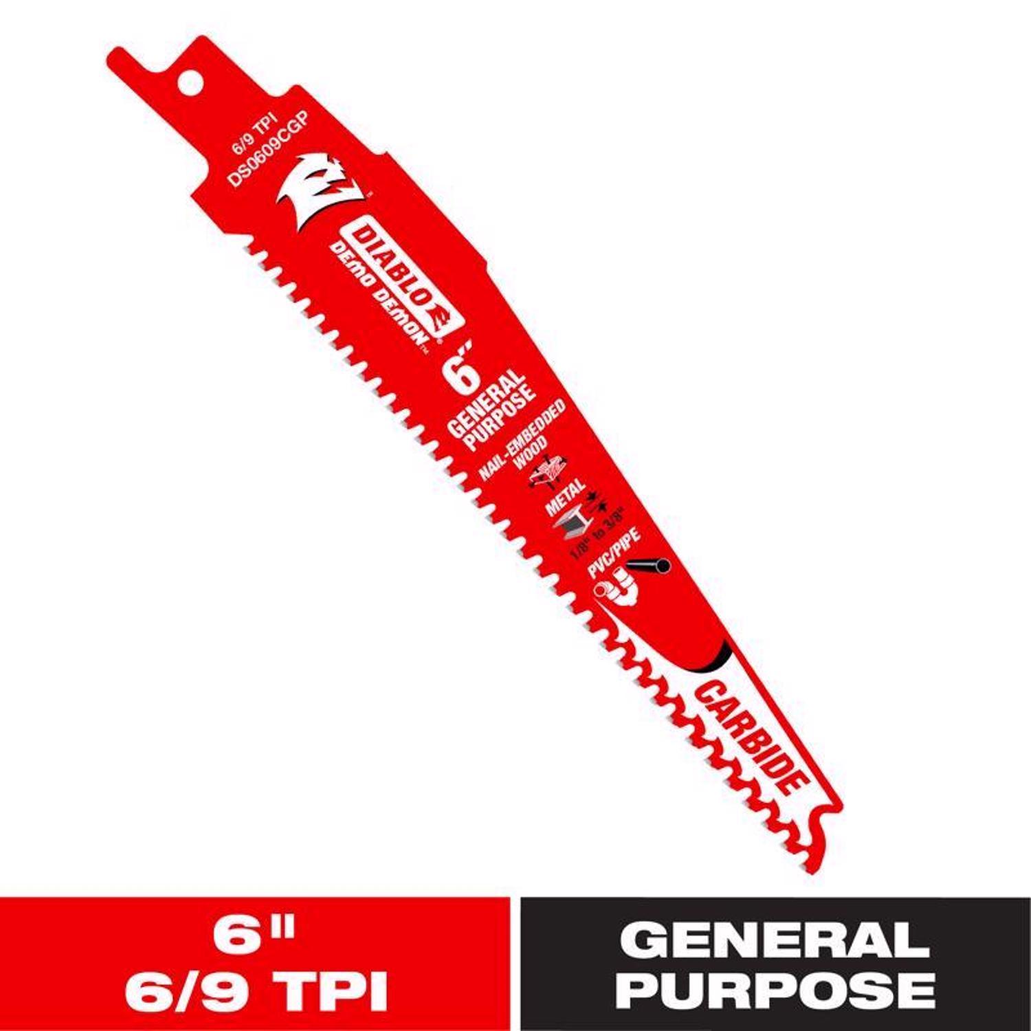 Diablo Demo Demon 6 in. Carbide Tipped General Purpose Reciprocating Saw Blade 6/9 TPI 1 pk