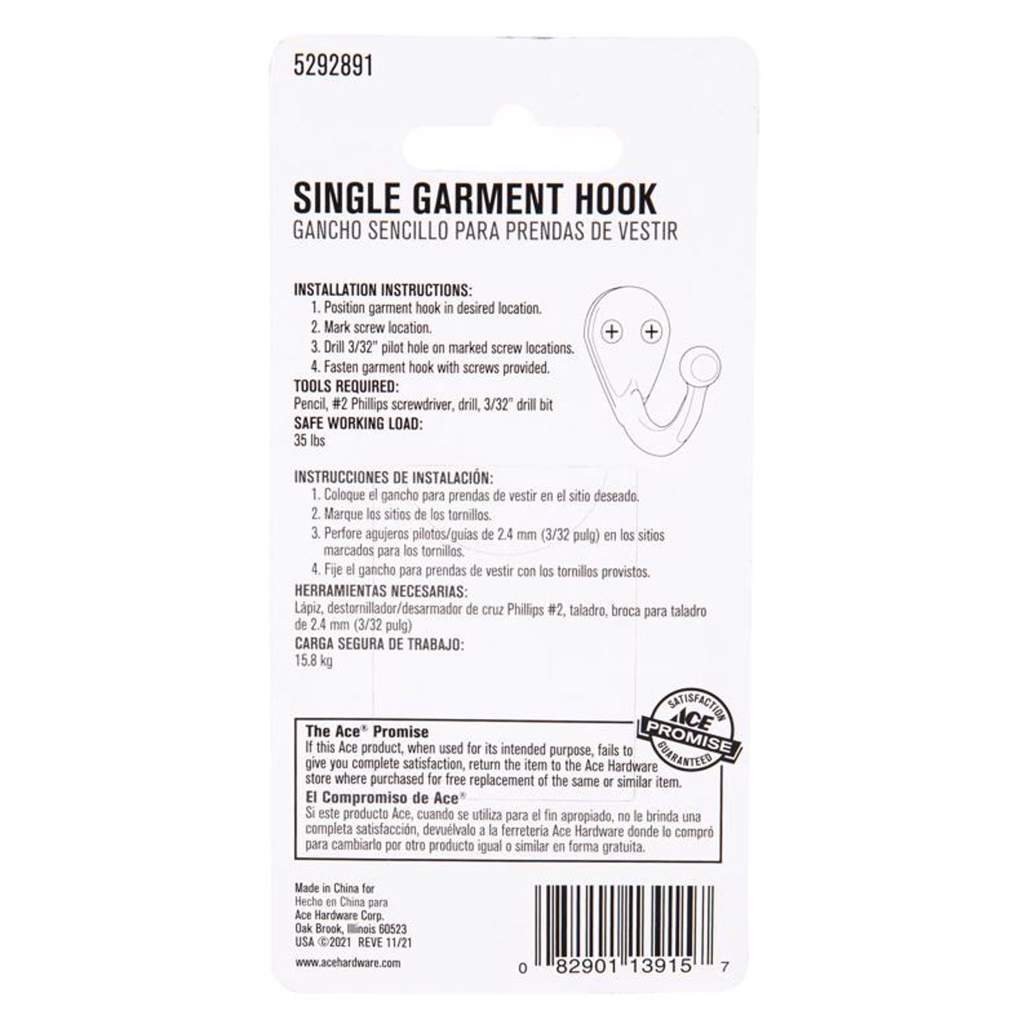 Ace 1-3/4 in. L Bright Brass Gold Brass Small Single Garment Hook 2 pk