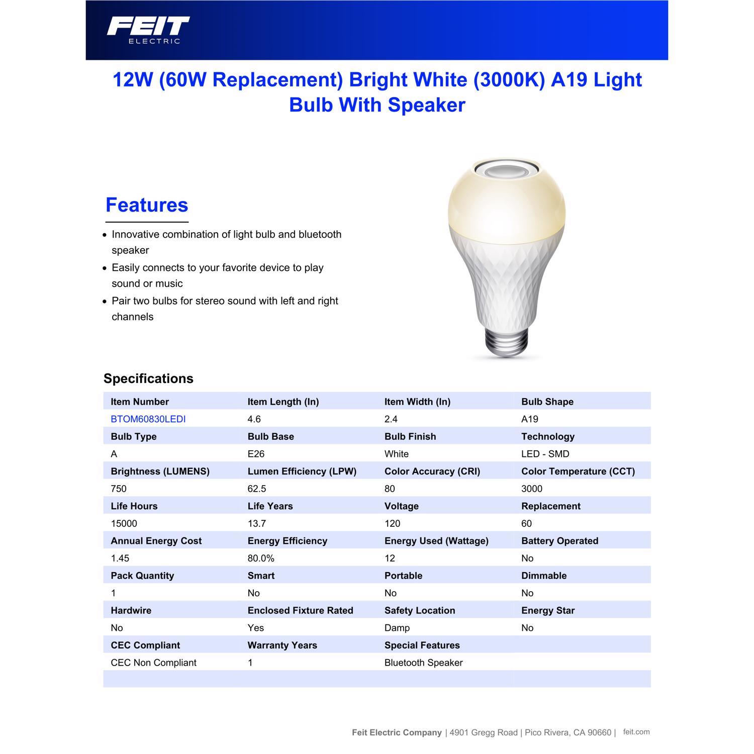 Feit A19 E26 (Medium) LED Speaker Bulb Bright White 60 Watt Equivalence 1 pk