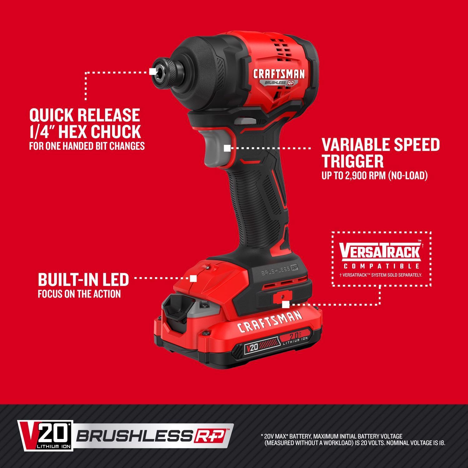 CRAFTSMAN V20 Brushless RP 1/4 in. Cordless Brushless Impact Driver Kit (Battery & Charger)