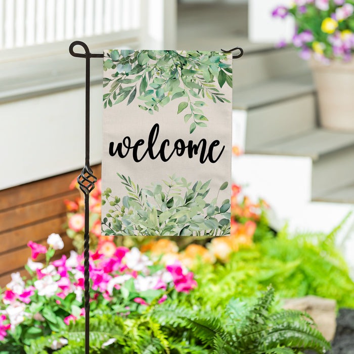 Evergreen Greenery Welcome Burlap Garden Flag