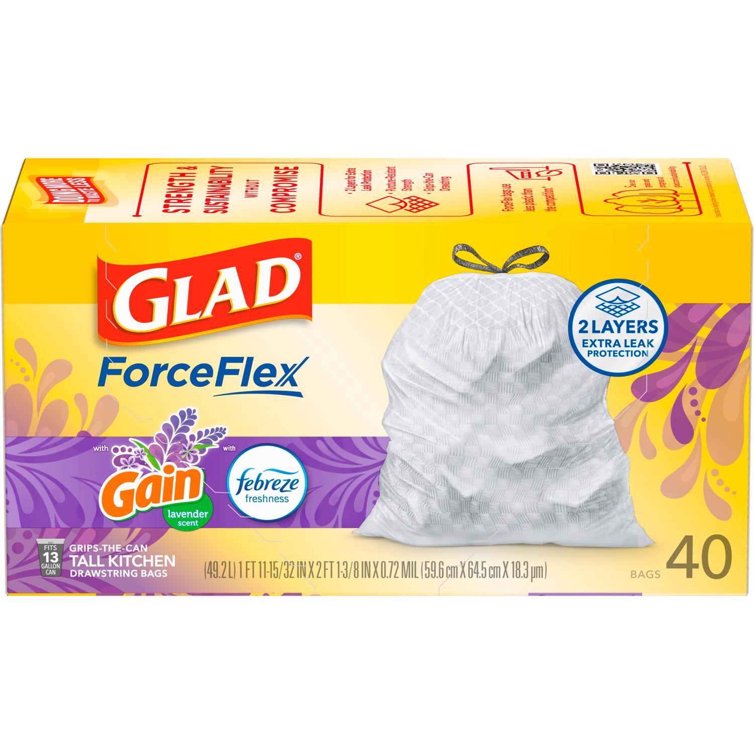 Glad ForceFlex 13 gal Lavender Scent Tall Kitchen Bags Drawstring 40 pk 0.78 mil