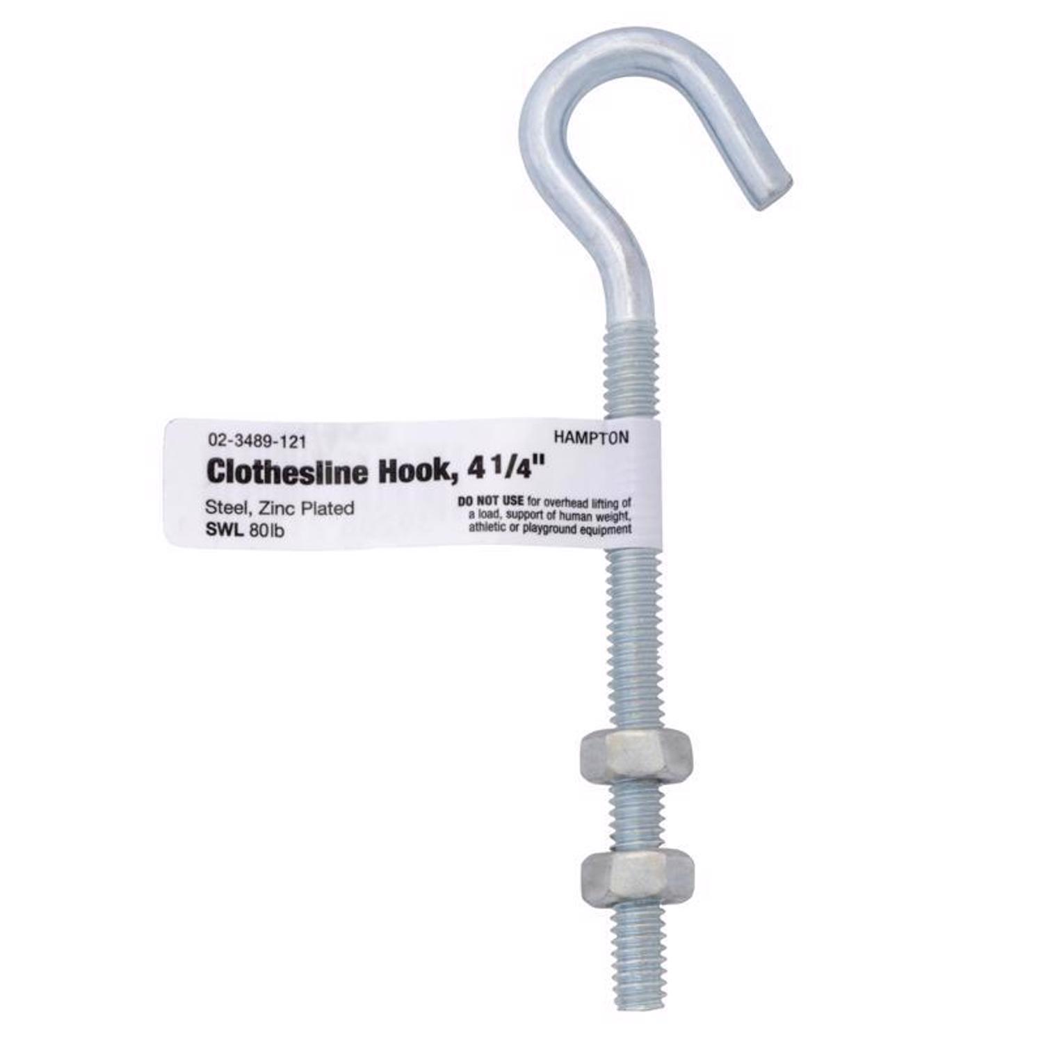 Hampton Small Zinc-Plated Silver Steel 4 in. L Clothesline Bolt Hook 80 lb 1 pk