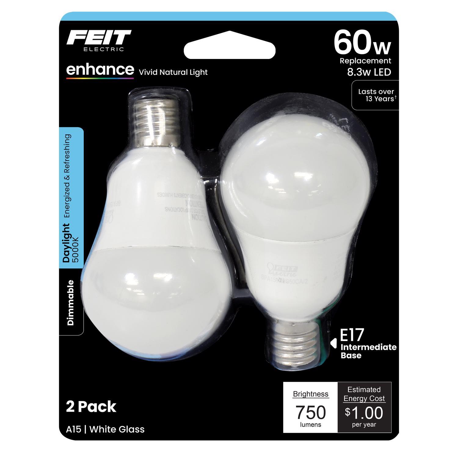 Feit Enhance A15 E17 (Intermediate) LED Bulb Daylight 60 Watt Equivalence 2 pk