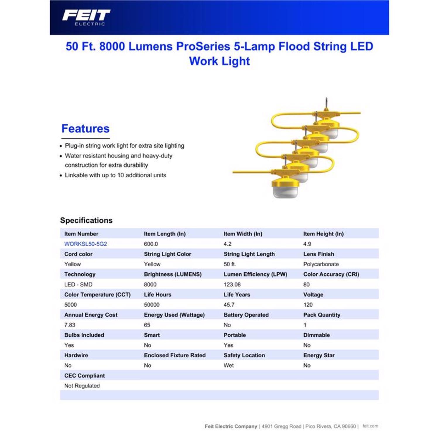 Feit Pro Series 8000 lm LED Corded String/Linkable Work Light
