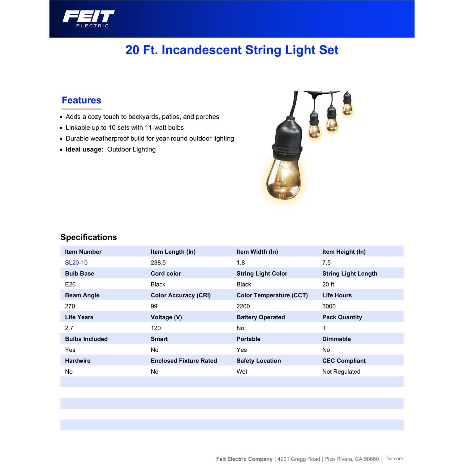 Feit Incandescent String Light Set Clear 20 ft. 10 lights