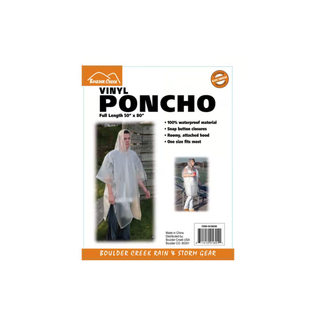 Boulder Creek Clear Vinyl Rain Poncho One Size Fits All 10 mil