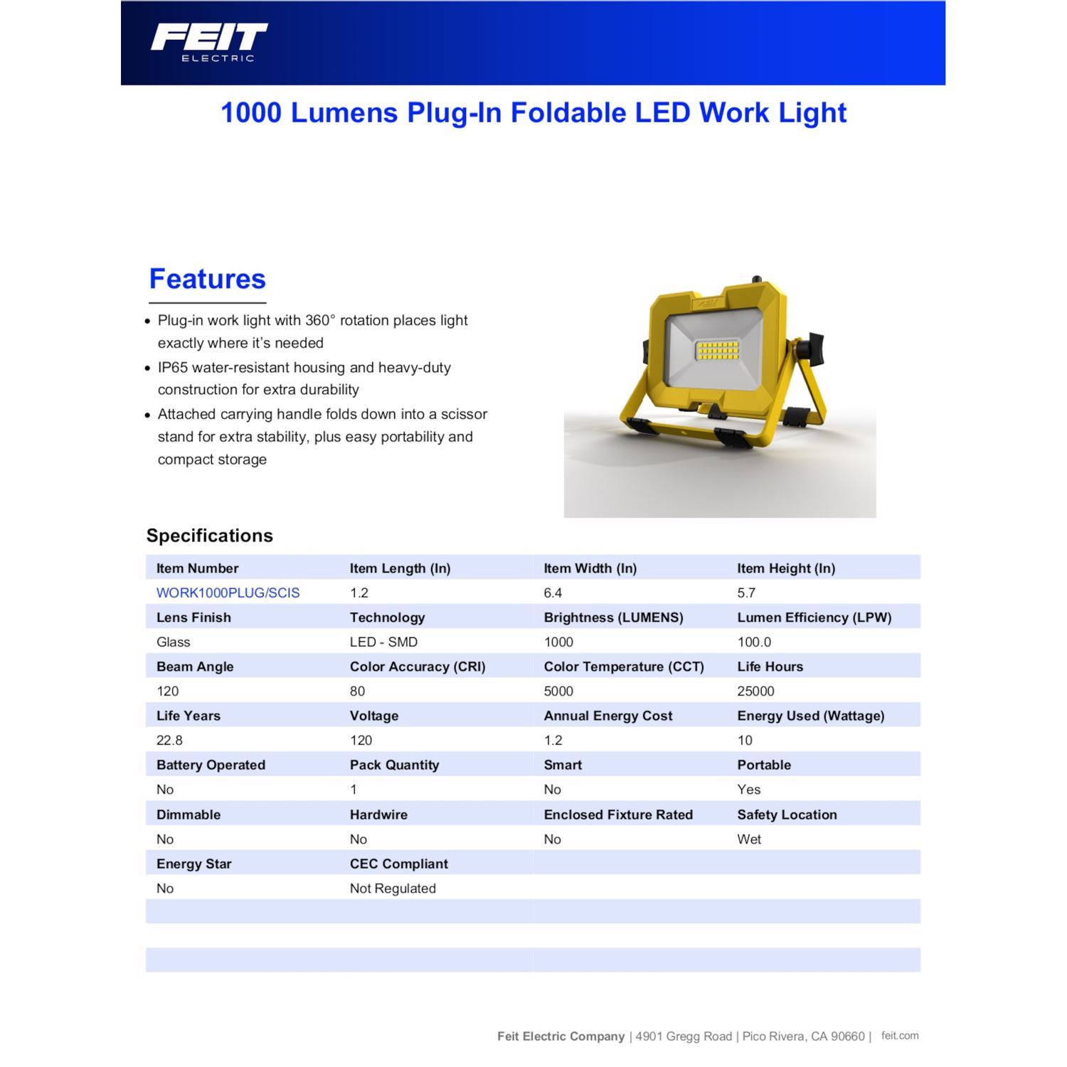 Feit 1000 lm LED Corded Stand (H or Scissor) Folding Worklight