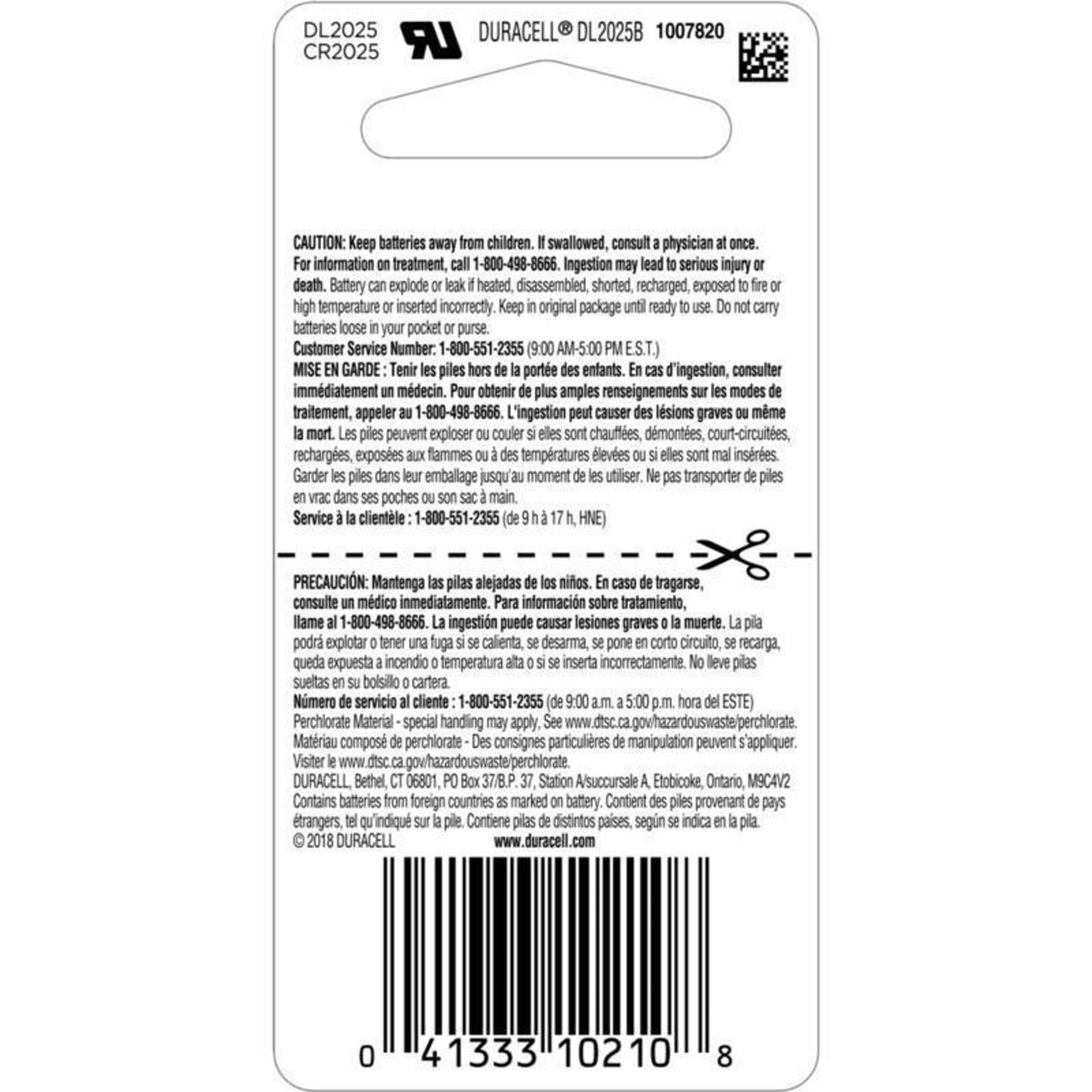 Duracell Lithium Coin 2025 3 V 165 mAh Medical Battery 1 pk