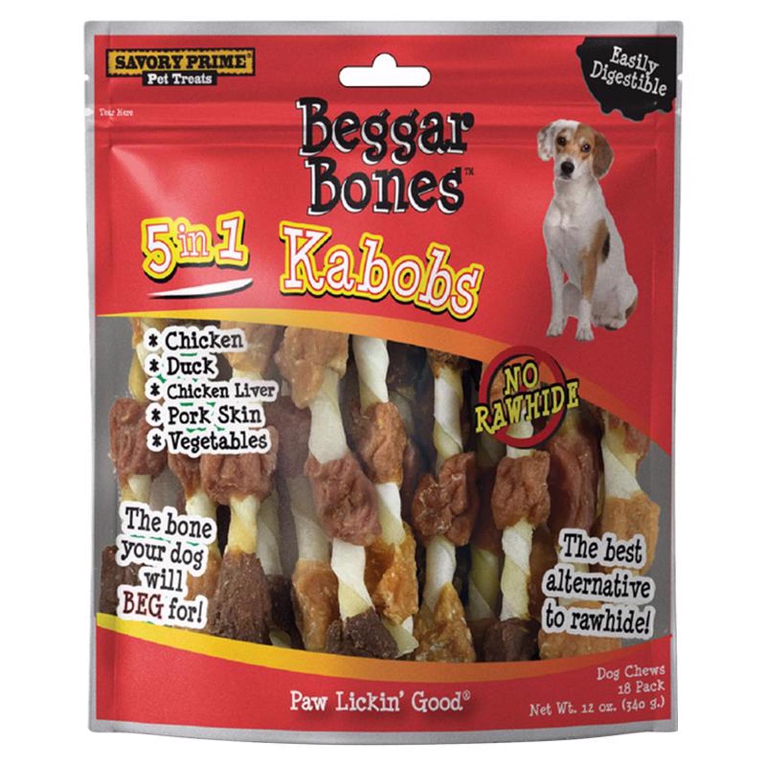 Savory Prime Beggar Bones Kabobs 5-in-1 Flavor Grain Free Chews For Dogs 8 in. 18 pk
