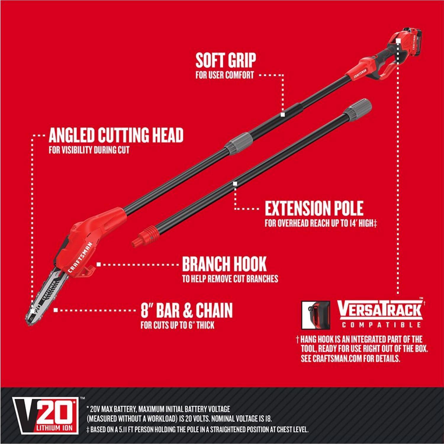 Craftsman V20 CMCCSP20M1 8 in. 20 V Battery Pole Saw Kit (Battery & Charger)