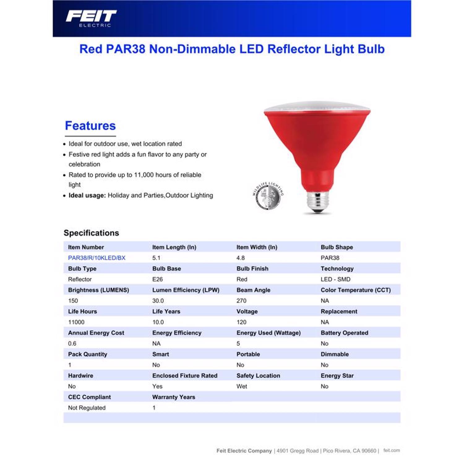 Feit PAR38 E26 (Medium) LED Bulb Red 120 Watt Equivalence 1 pk