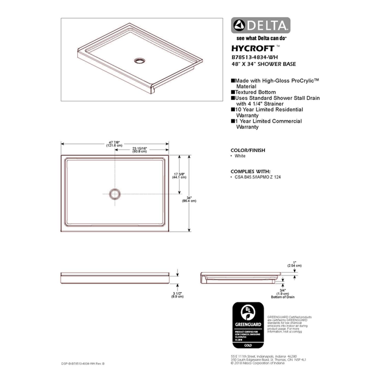 Delta Hycroft 4.5 in. H X 34 in. W X 48 in. L White Shower Base