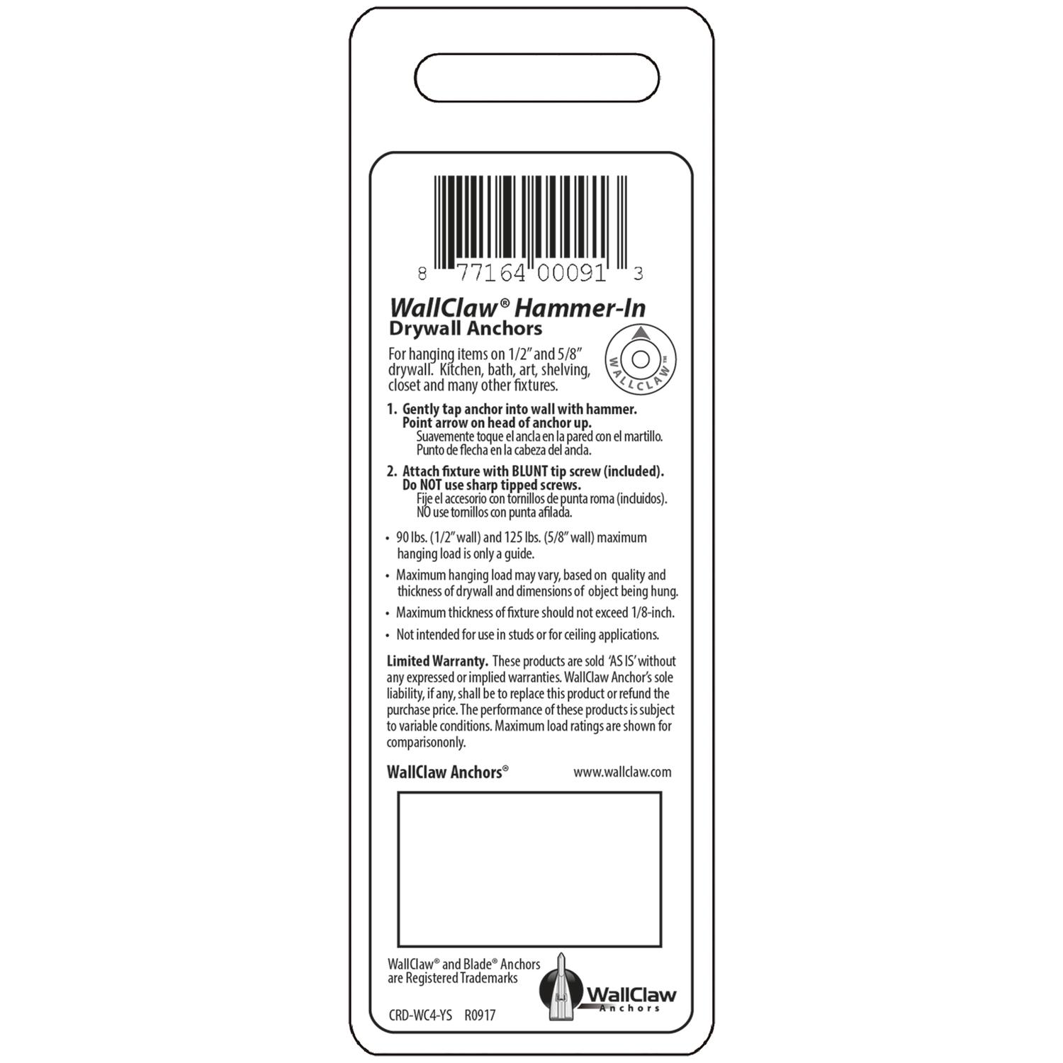 WallClaw Anchors .25 in. D X 2 in. L Plastic/Steel Pan Head Wallboard Anchors 4 pk