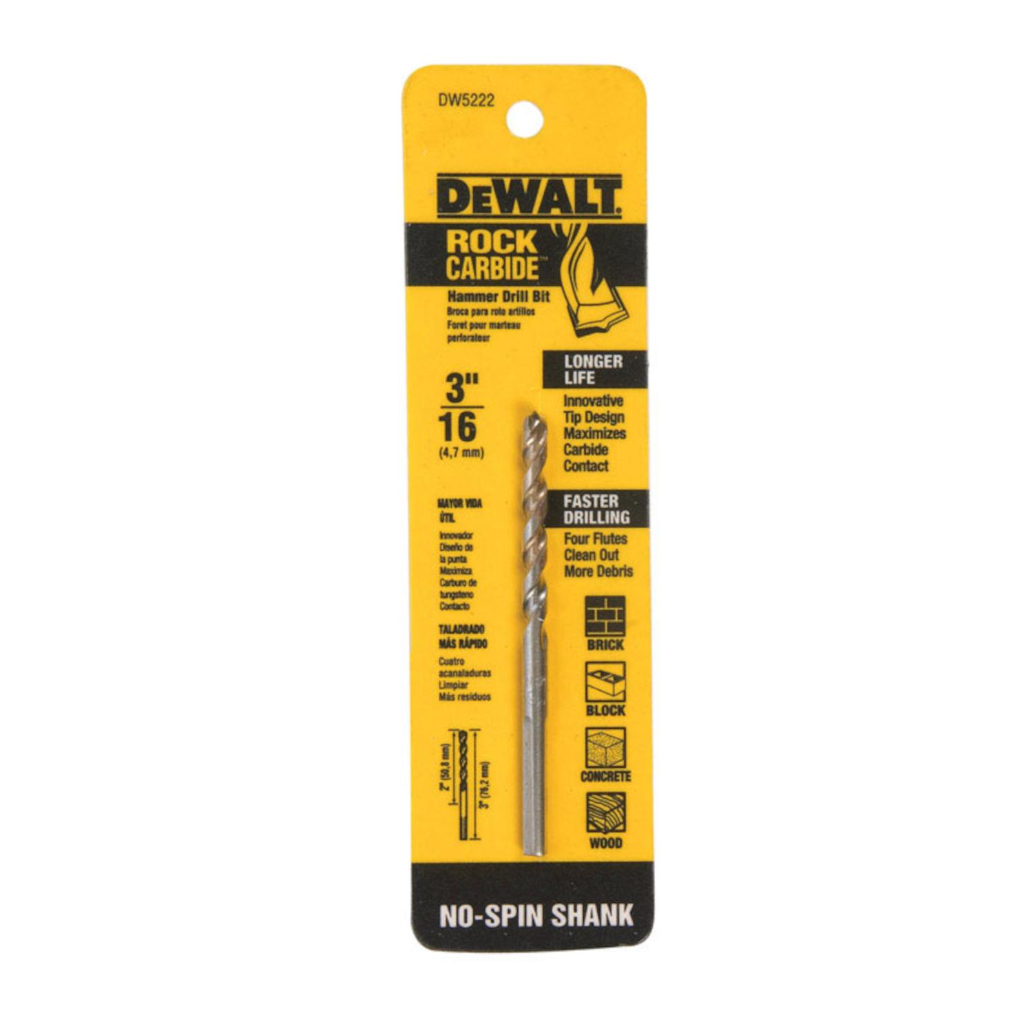 DEWALT 3/16 in. X 3 in. L Carbide Tipped Percussion Drill Bit 3-Flat Shank 1 pc
