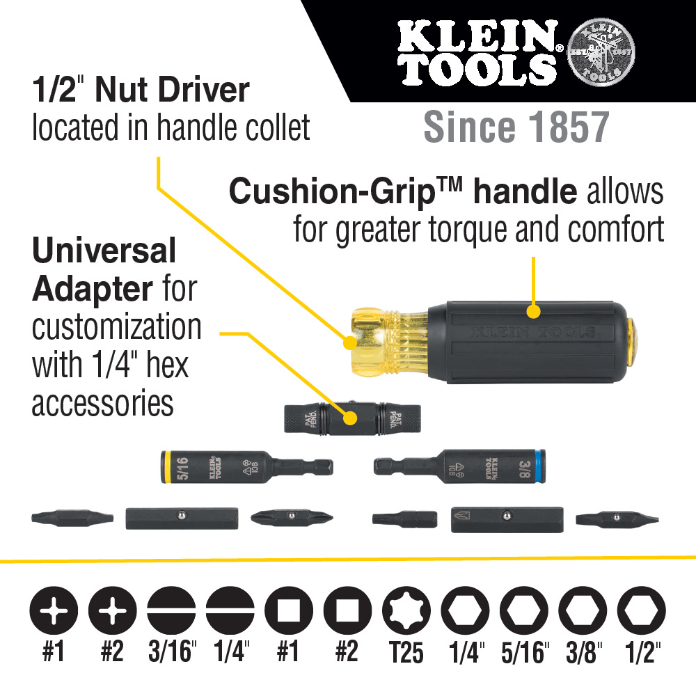 Klein Impact Rated Multi-Bit Screwdriver / Nut Driver, 11-in-1