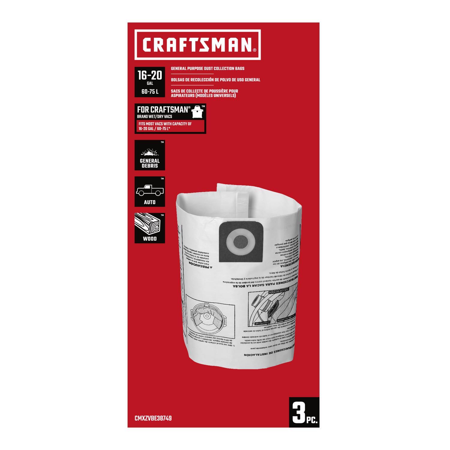 Craftsman 2 in. L X 10 in. W Vacuum Dust Bag 16-20 gal 3 pc