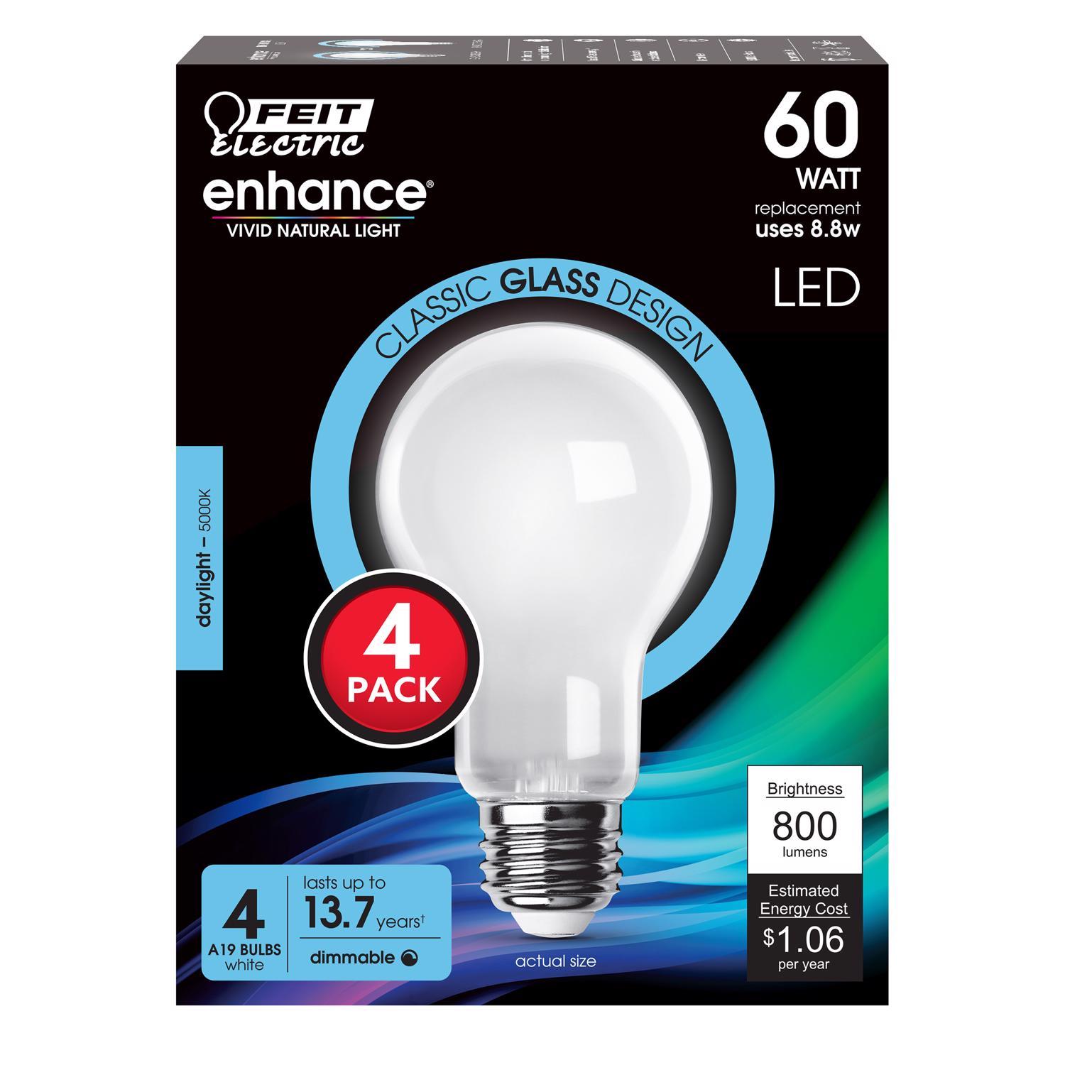 Feit Enhance A19 E26 (Medium) LED Bulb Daylight 60 Watt Equivalence 4 pk