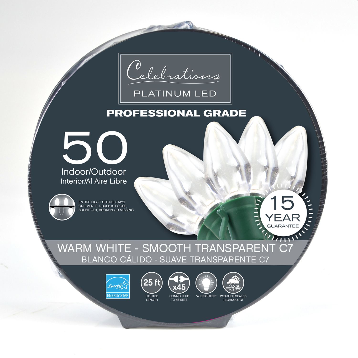 Celebrations Platinum LED C7 Warm White 50 ct String Christmas Lights 25 ft.