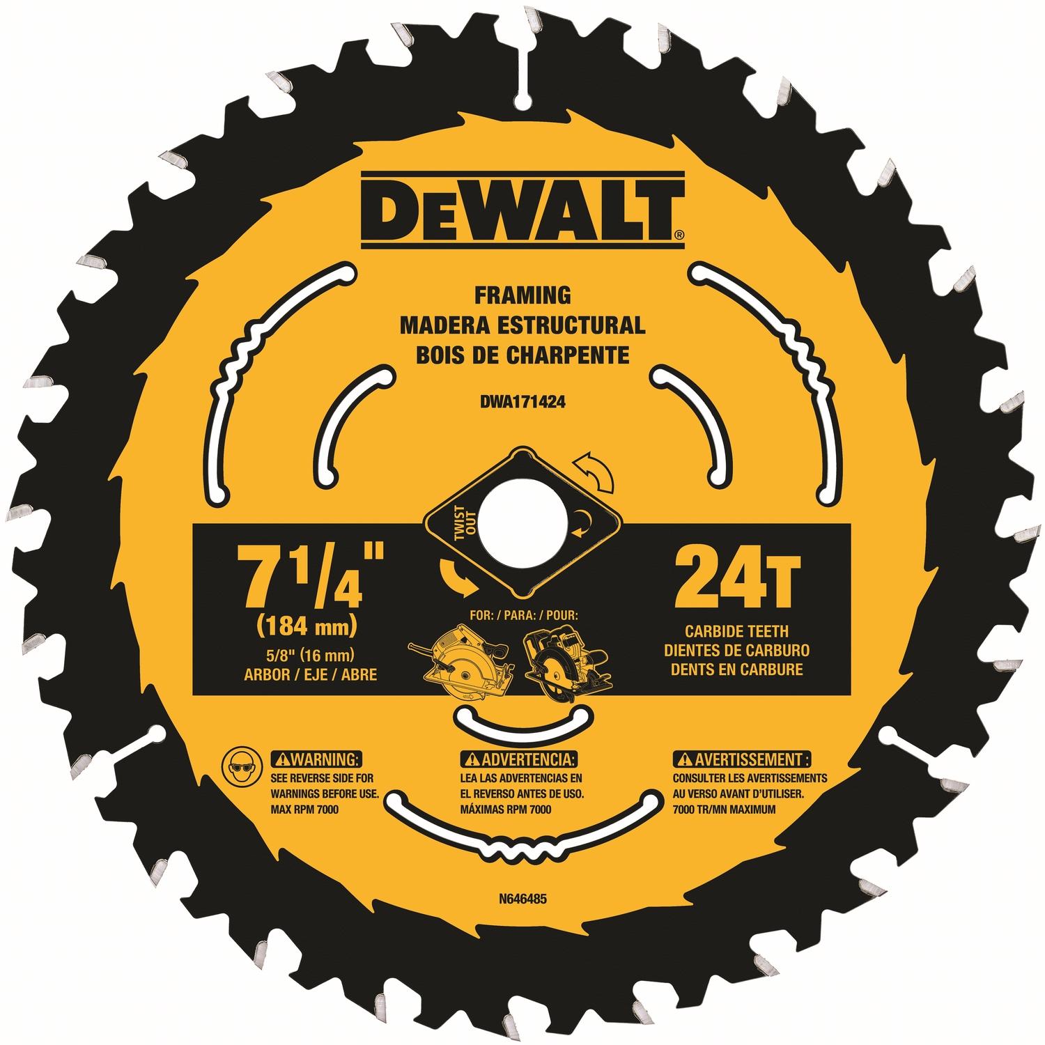 DeWalt 7-1/4 in. D X 5/8 in. Tungsten Carbide Circular Saw Blade 24 teeth 1 pk