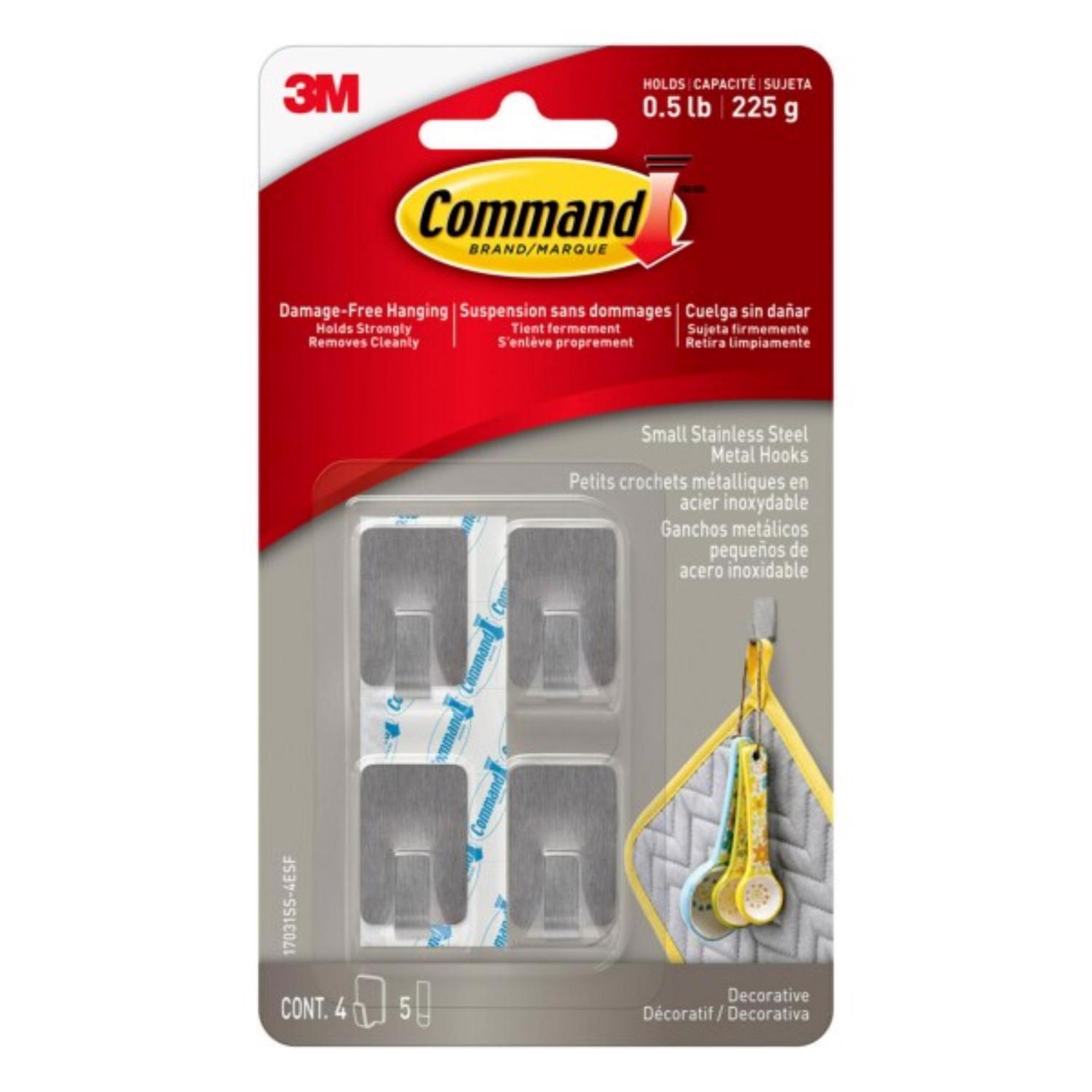 3M Command Stainless Steel Metal Small Hook 0.5 lb. cap. 4 pk