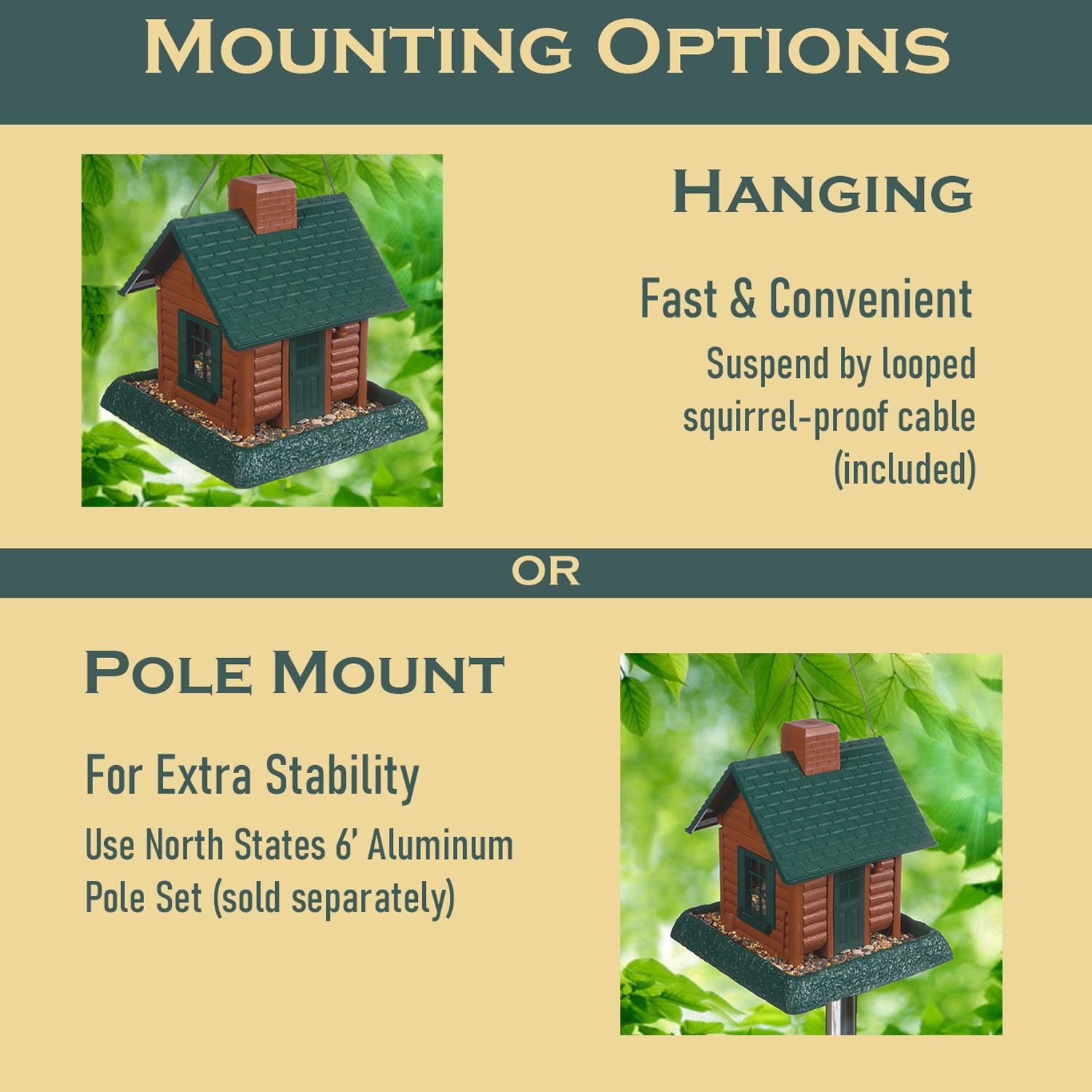 North States Log Cabin Wild Bird 1 lb Plastic Log Cabin Hopper Bird Feeder 4 ports