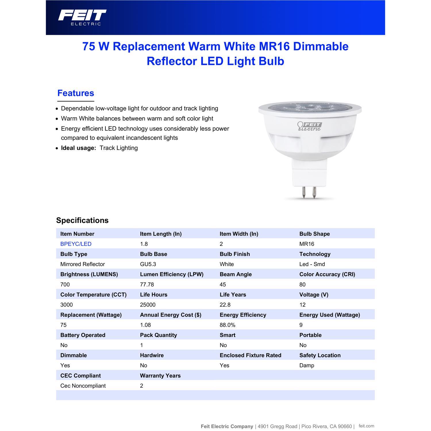 Feit MR16 GU5.3 LED Bulb Bright White 75 Watt Equivalence 1 pk