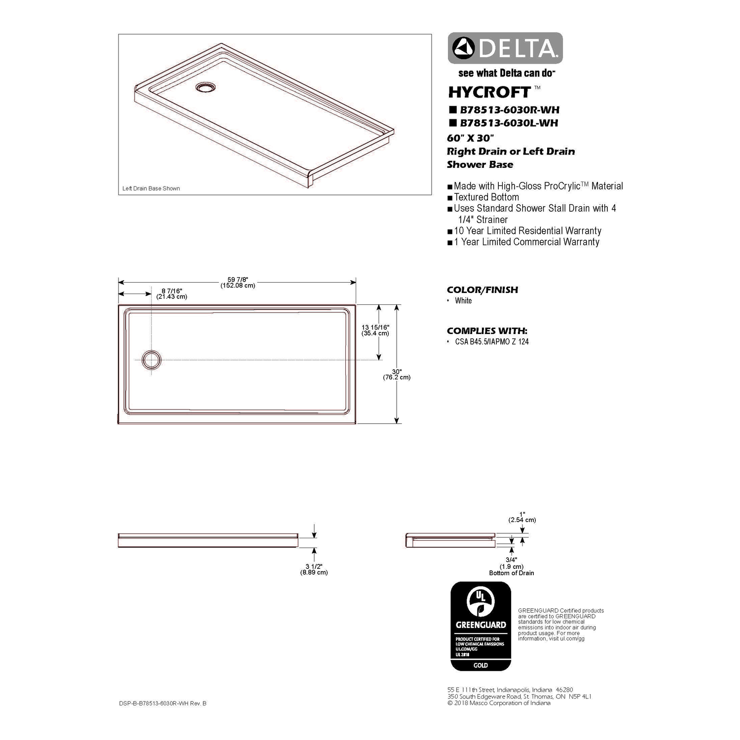 Delta Hycroft 4.5 in. H X 30 in. W X 60 in. L White Shower Base Stine