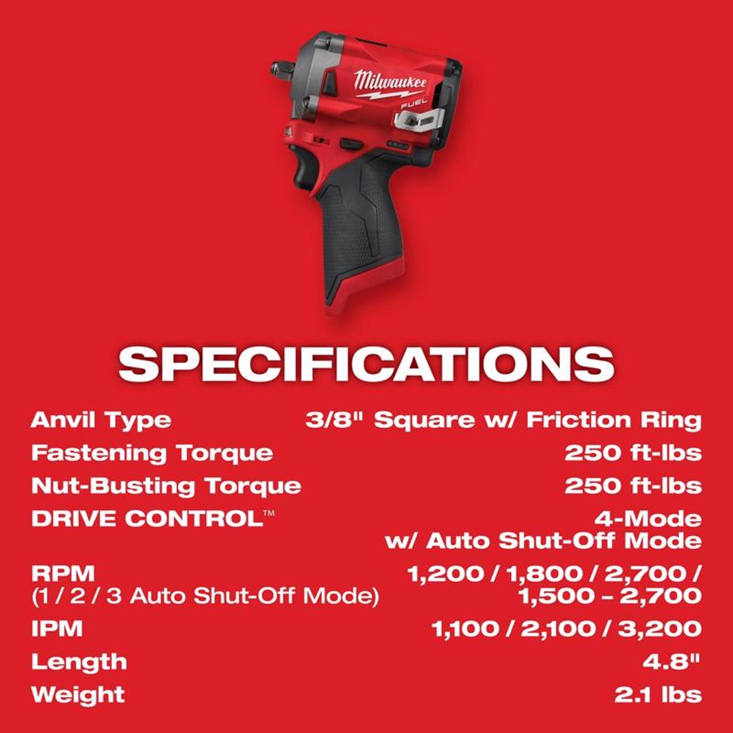 Milwaukee M12 FUEL 12 V 3/8 in. Cordless Brushless Stubby Impact Wrench Tool Only