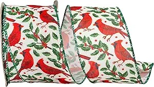 Reliant Ribbon Cardinal Holly Spring Linen Wired Edge Ribbon, Green/red