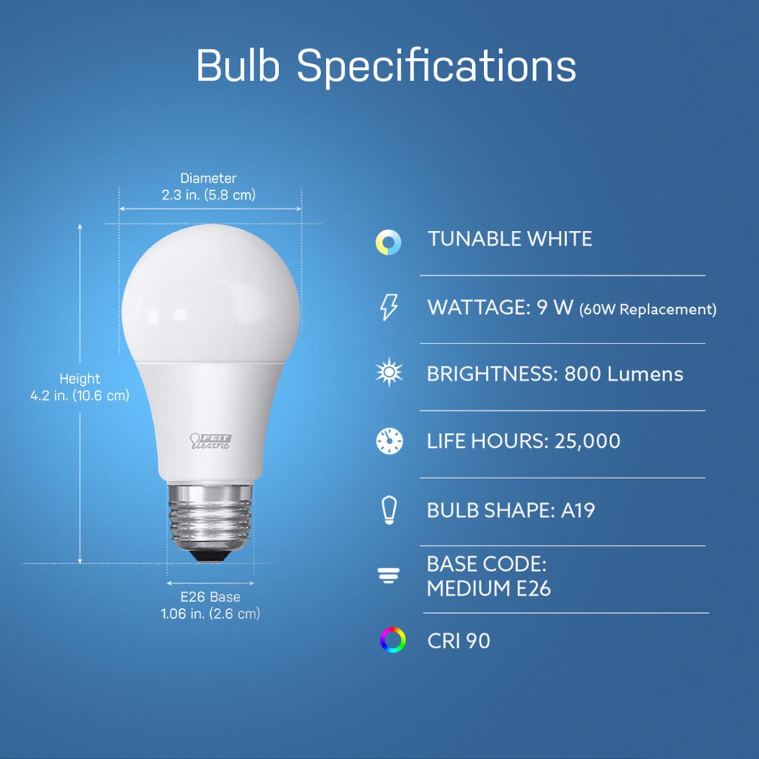 Feit A19 E26 (Medium) Smart-Enabled LED Bulb Tunable White 60 Watt Equivalence 1 pk