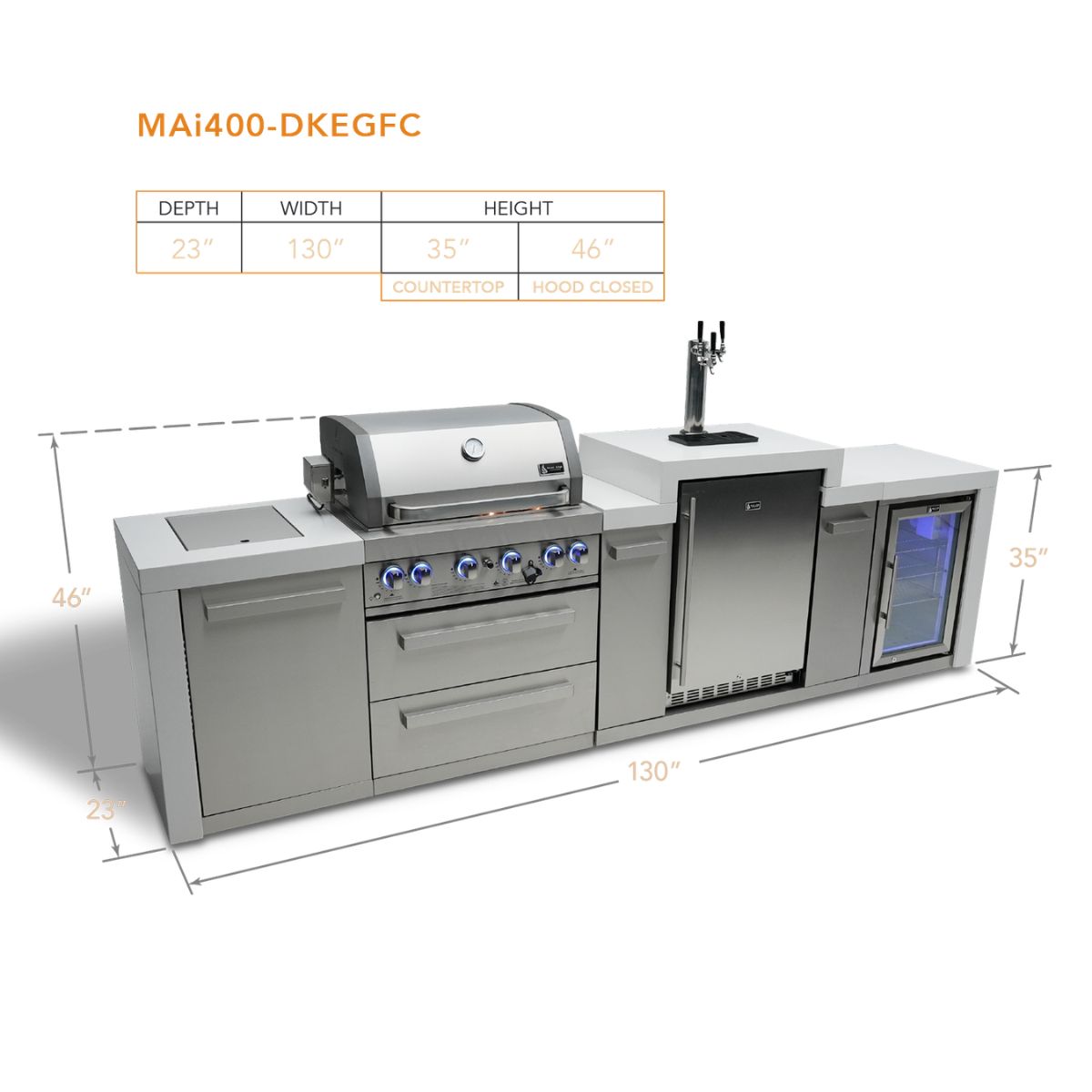 Mont Alpi 4-burner Deluxe Island with a kegerator and fridge cabinet