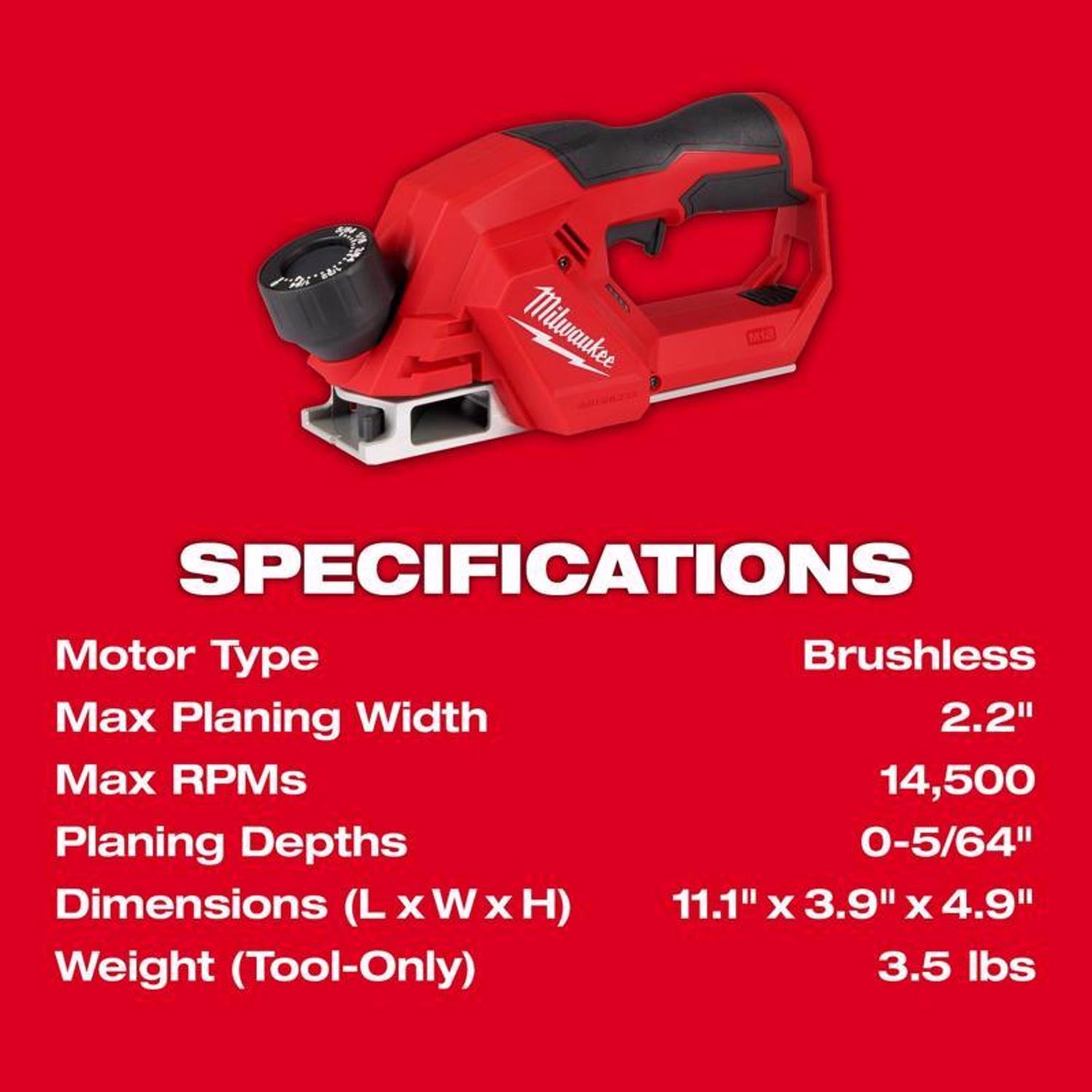 Milwaukee M12 2.2 in. Cordless Brushless Planer Tool Only