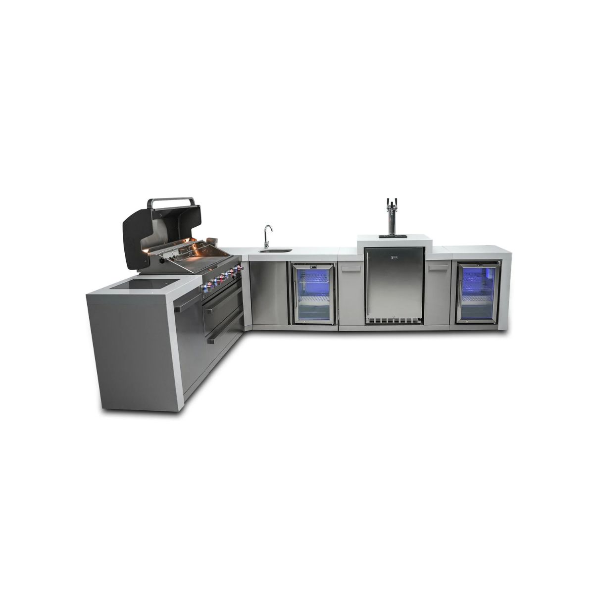Mont Alpi 6-burner Deluxe Island with a 90-degree corner, kegerator, beverage center and fridge cabinet