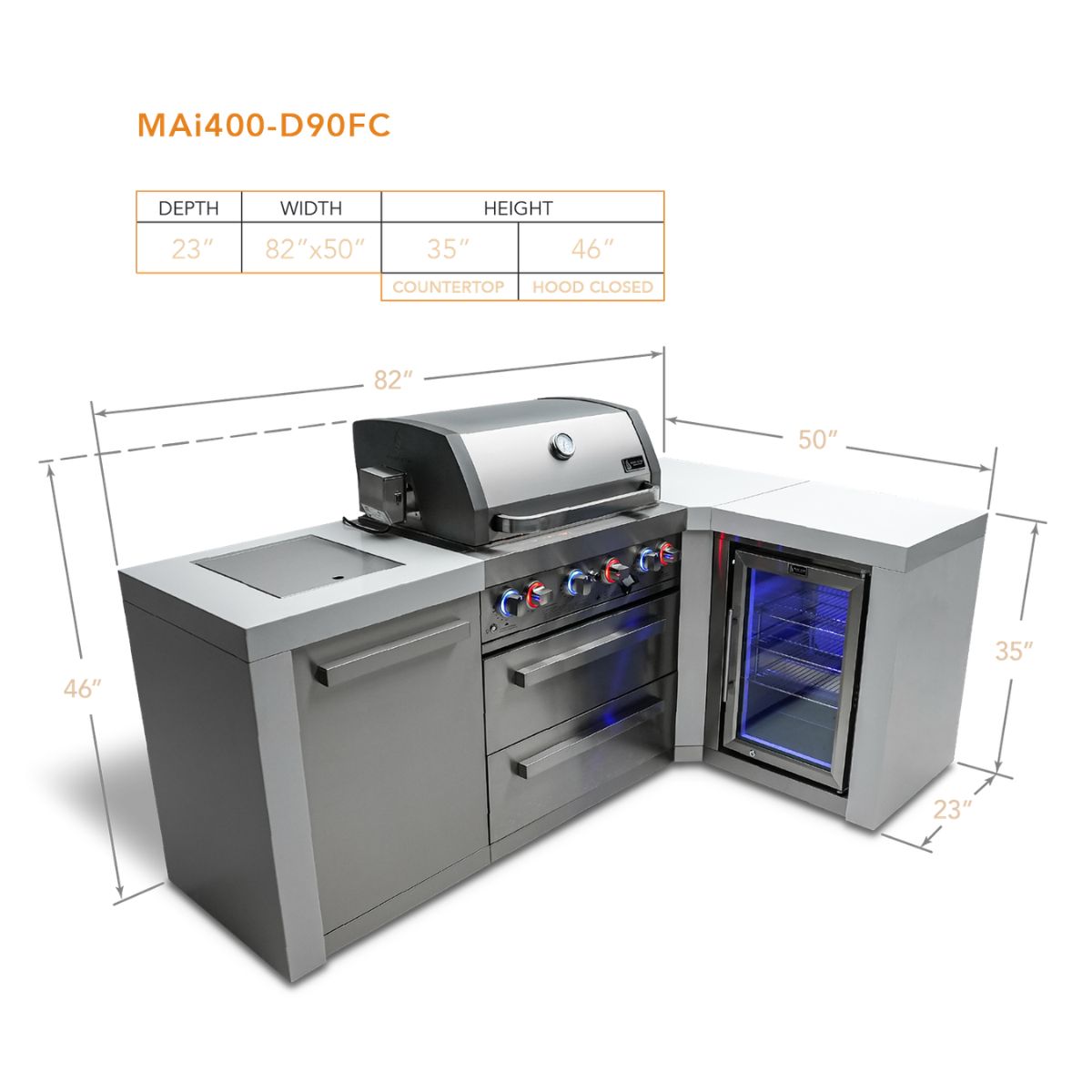 Mont Alpi 4-Burner Deluxe island with a 90-degree corner and a fridge cabinet