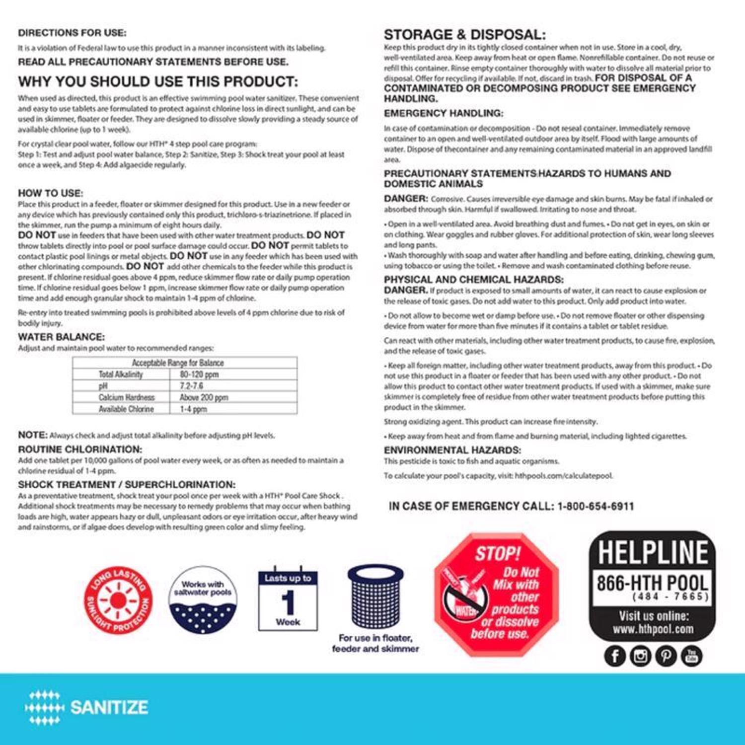 HTH Pool Care 1" Tablet Chlorinating Chemicals 1.5 lb