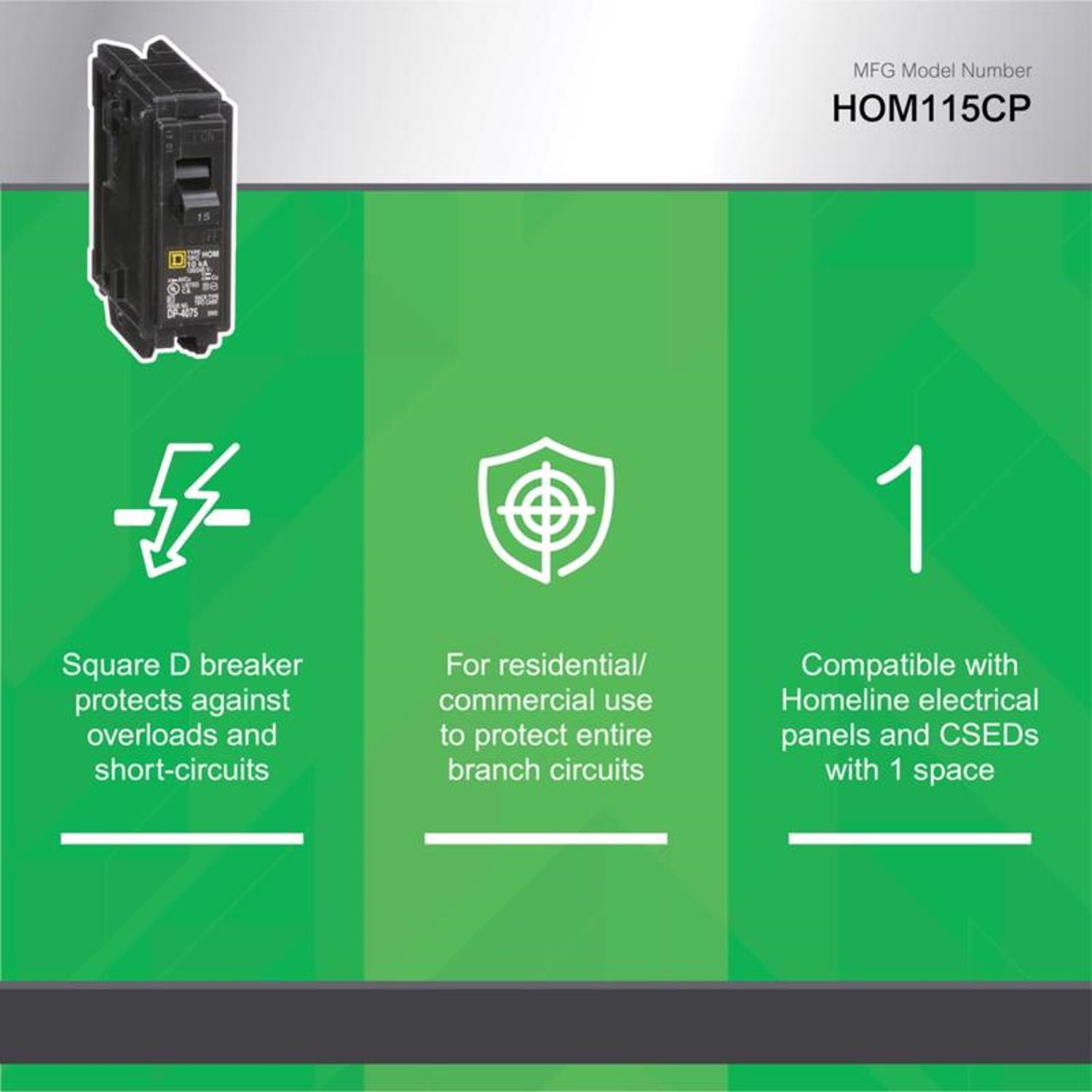 Square D Homeline 15 amps Plug In Single Pole Miniature Circuit Breaker