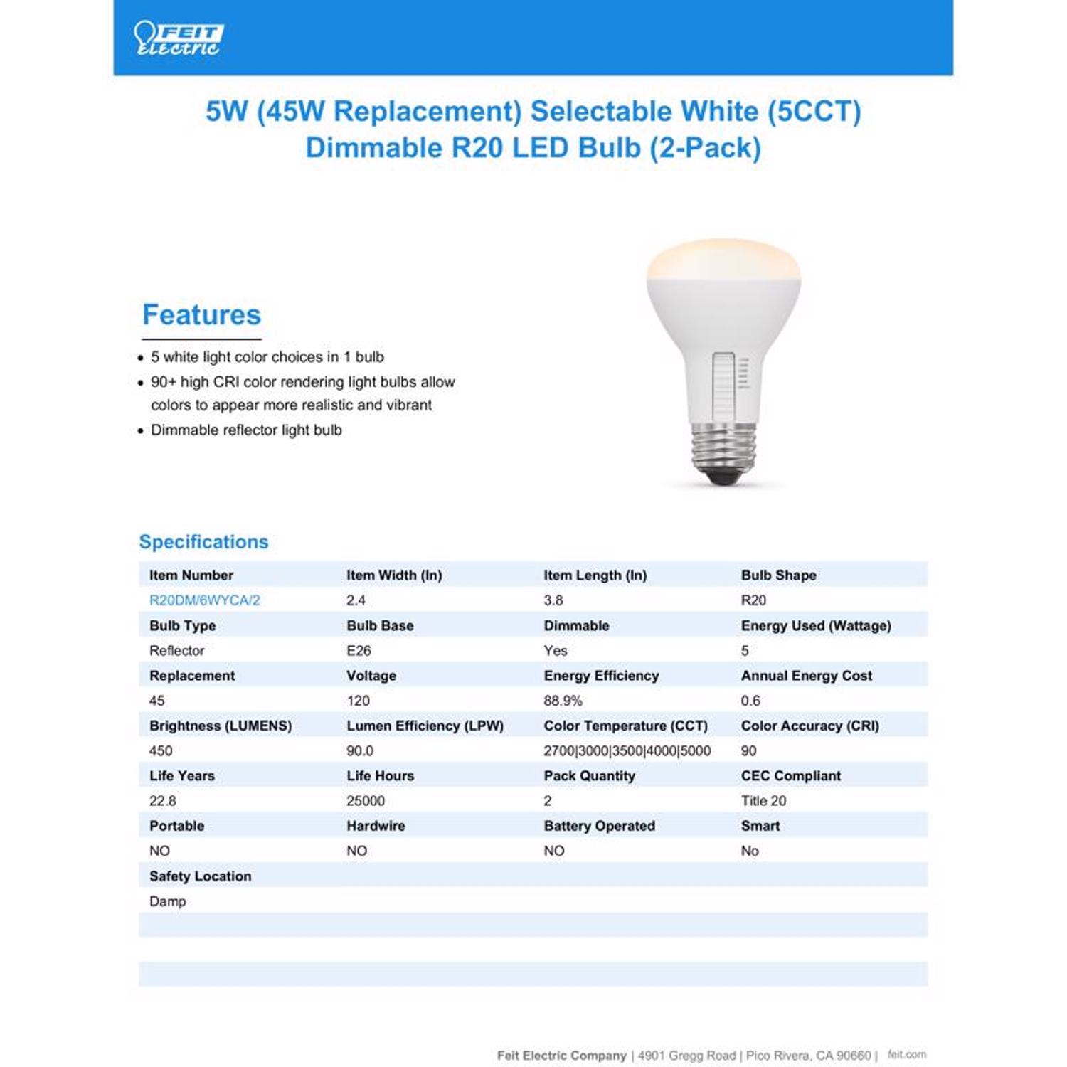 Feit R20 E26 (Medium) LED Bulb Adjustable White 45 Watt Equivalence 2 pk