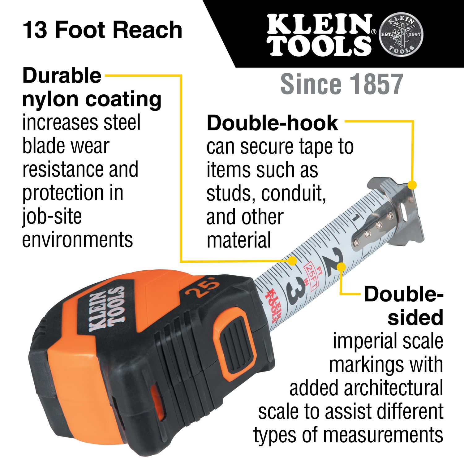 Klein Tape Measure, 25-Foot Compact, Double-Hook