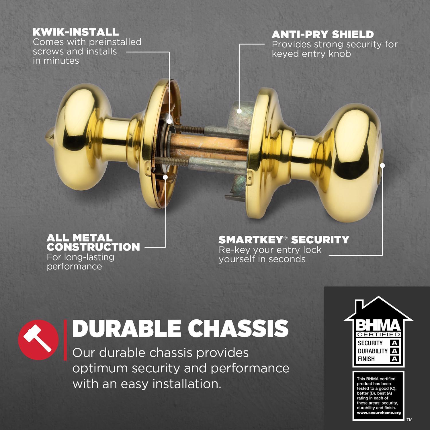 Kwikset SmartKey Juno Polished Brass Entry Door Knob KW1 13/4 in