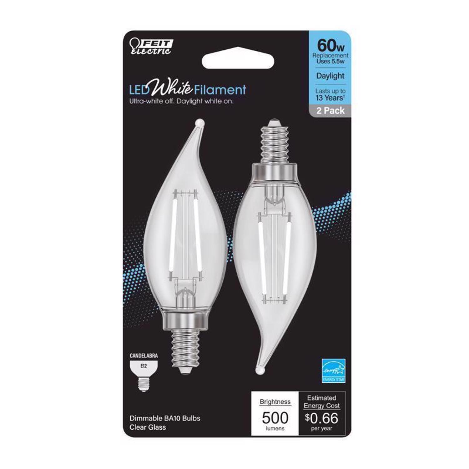 Feit White Filament BA10 E12 (Candelabra) LED Flame Bulb Daylight 60 Watt Equivalence 2 pk