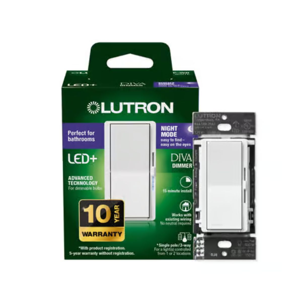 Lutron Diva with Night Mode for Dimmable LED Bulbs White 150 W 3-Way Dimmer Switch 1 Pack