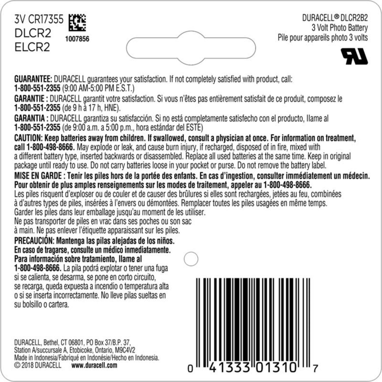 Duracell Lithium CR2 3 V 780 mAh Camera Battery DLCR2B2PK 2 pk