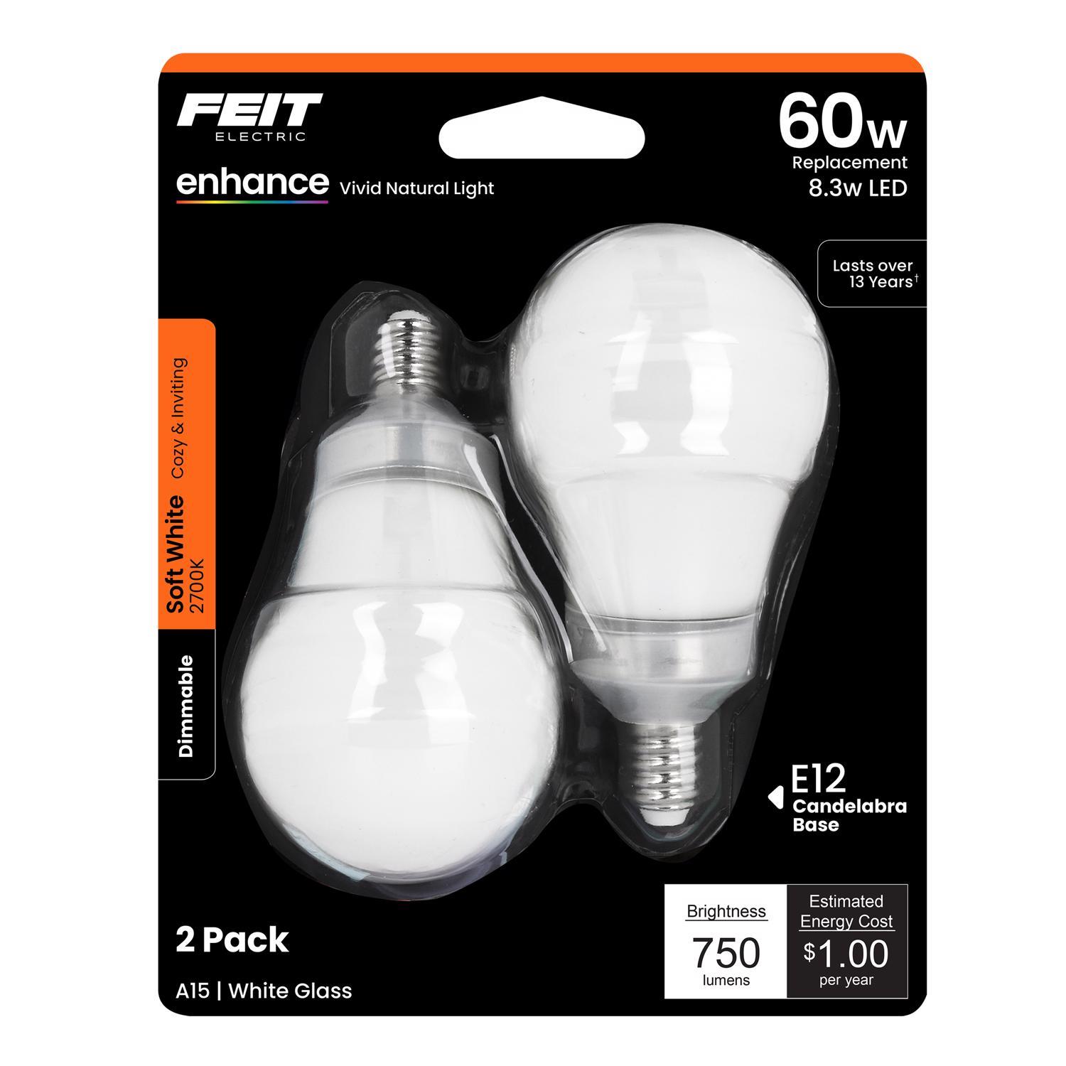Feit Enhance A15 E12 (Candelabra) LED Bulb Soft White 60 Watt Equivalence 2 pk