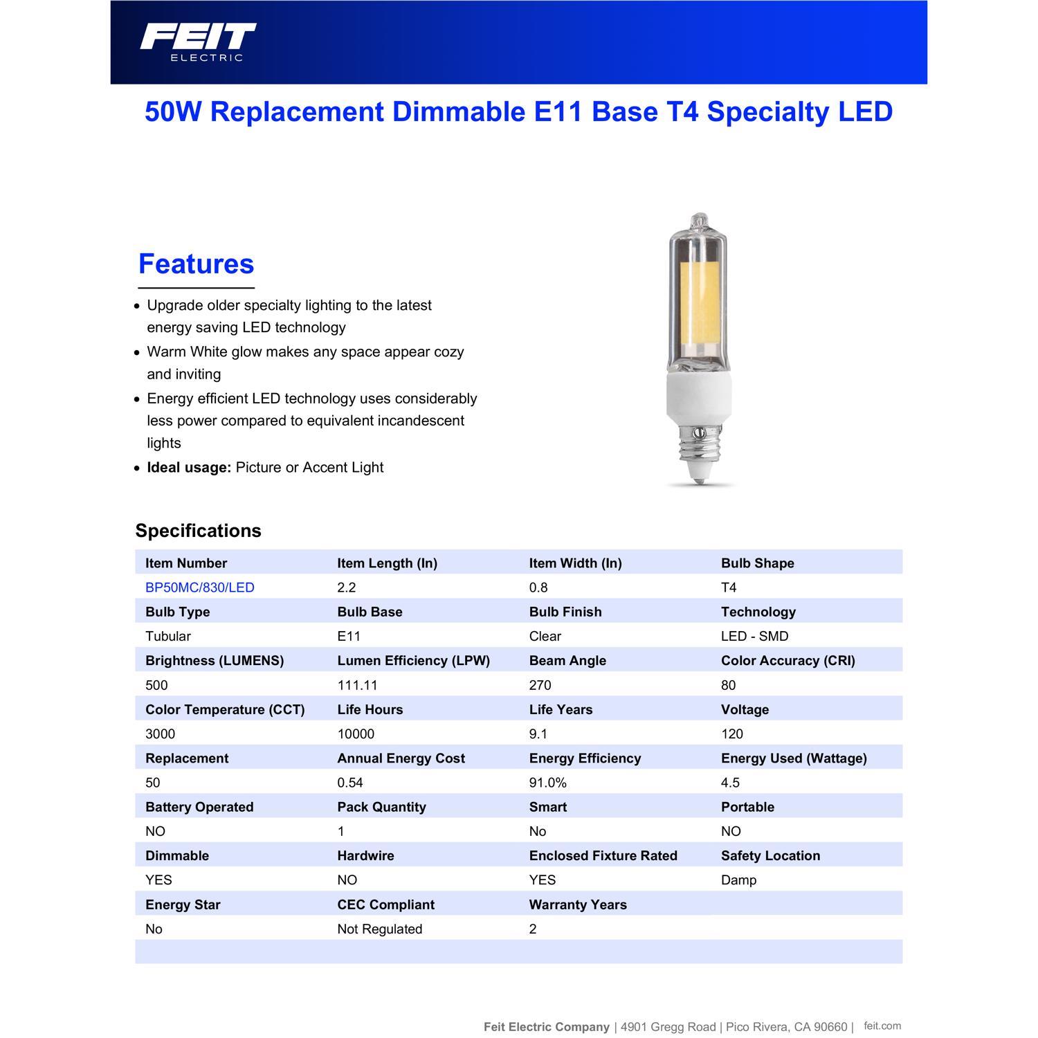 Feit T4 E11 LED Bulb Warm White 50 Watt Equivalence 1 pk