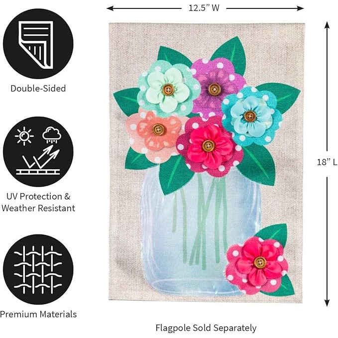 Evergreen Flag Polka Dot Floral Mason Jar Garden Burlap Flag - 13 in. x 1 in. x 18 in.